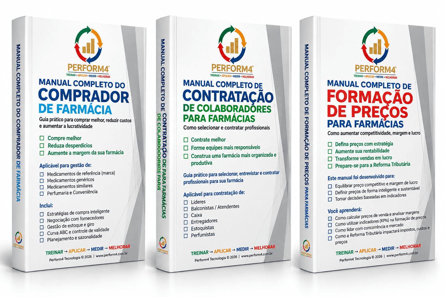 Trio de manuais Perform4 para farmácias: Comprador, Contratação de Colaboradores e Formação de Preços
